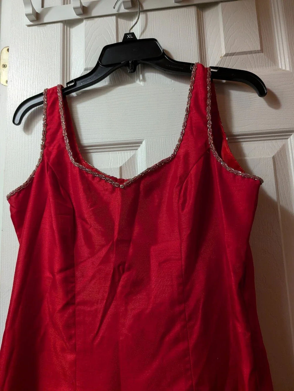 Vintage Red Satin-Like Formal Evening Gown Maxi Dress Beaded Trim Sleeveless - Picture 4 of 7